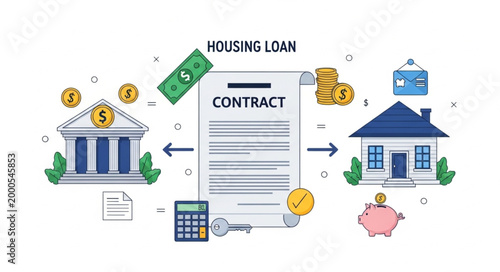 Housing loan contract agreement with bank and house illustration.