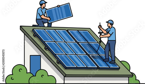 Workers installing solar panel on house roof with tools and equipment