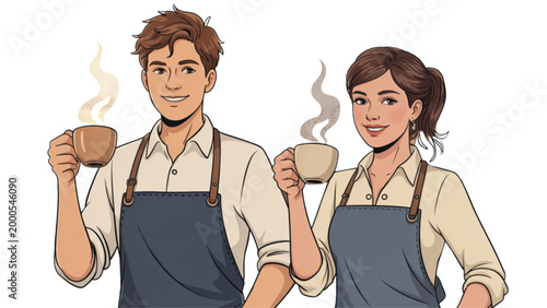 Two cheerful construction workers holding tools and drinking coffee outdoors Vector
