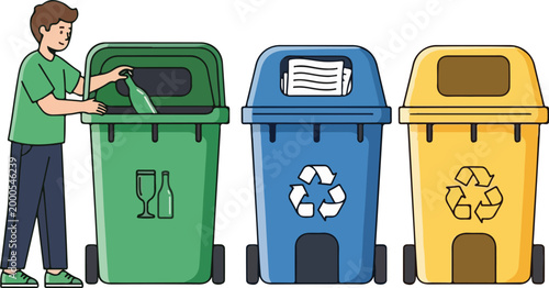 Man depositing paper in recycling bins outside with sorting recycling