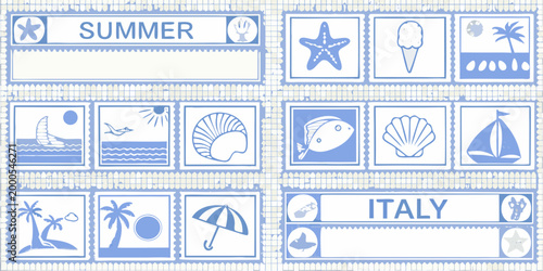 summer themed stamp illustrations in blue and white with beach elements high quality professional detailed