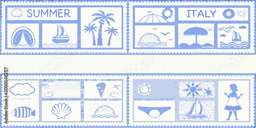 stamp style summer illustrations with blue and white beach scenes high quality professional detailed modern