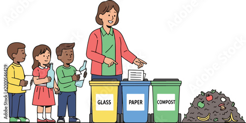 Woman teaching kids recycling process with bins and trash nearby outside