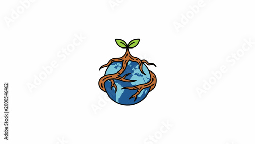 Earth Globe Wrapped in Tree Roots with Sprout on White Background