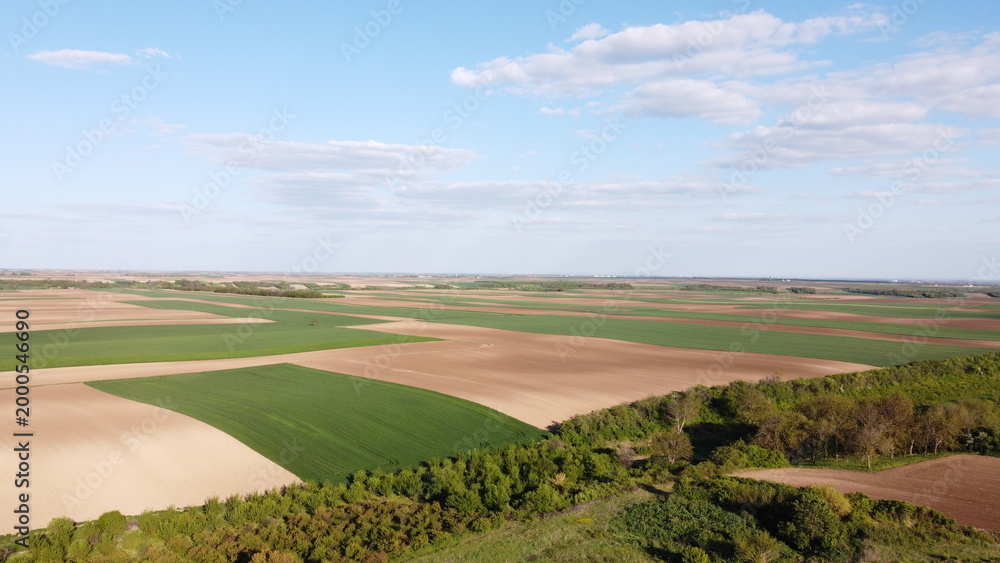 Naklejka premium Aerial Drone View of Patchwork Agricultural Fields and Farmland Landscape in Spring