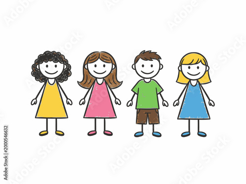 Child Stick Figures Standing Together on White Background Doodle