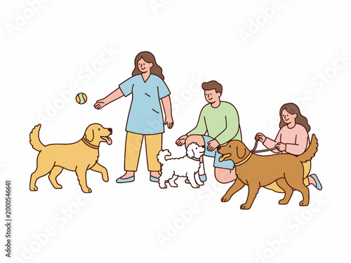 People Playing and Walking with Dogs Vector Illustration