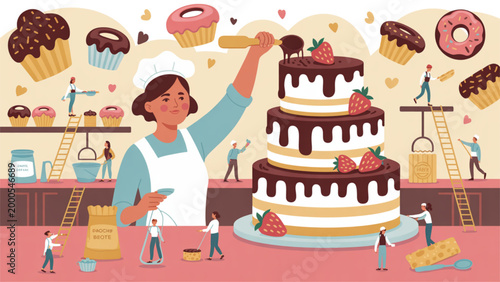 Little girl decorating a colorful layered birthday cake with chocolate and sprinkles in a kitchen Vector