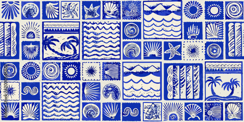 blue and white patterned tiles featuring sea motifs and geometric designs high quality professional detailed