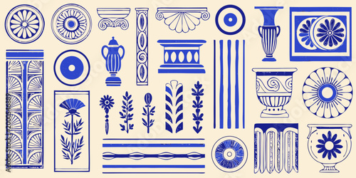 collection of ancient greek inspired decorative elements in blue line art high quality professional detailed