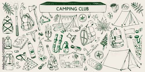 camping club illustration with various outdoor gear and nature elements high quality professional detailed modern