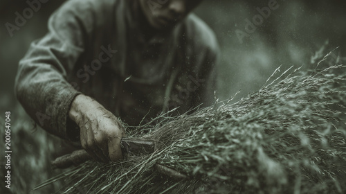 Farmer cutting grass with traditional tools ,work , growing crops, animal care, hard work, photo style