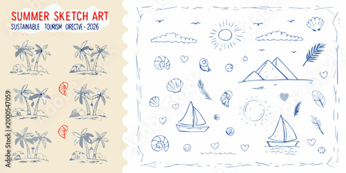 summer sketch art collection with palm trees boats shells and hearts high quality professional detailed