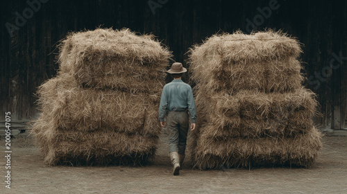 Farmer carrying hay bales across a rustic farmyard ,work , growing crops, animal care, hard work, photo style