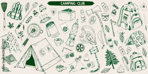 camping club illustration with various outdoor gear and nature elements high quality professional detailed modern