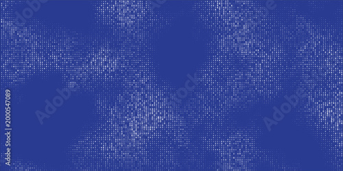 Abstract blue digital background with white matrix halftone dots and binary code texture.