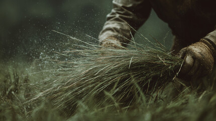 Farmer cutting grass with traditional tools ,work , growing crops, animal care, hard work, photo style
