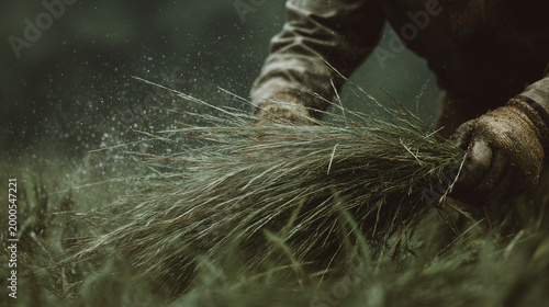 Farmer cutting grass with traditional tools ,work , growing crops, animal care, hard work, photo style