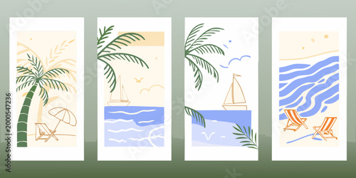 four minimalist summer themed cards with palm trees beach chairs and sailboats high quality professional
