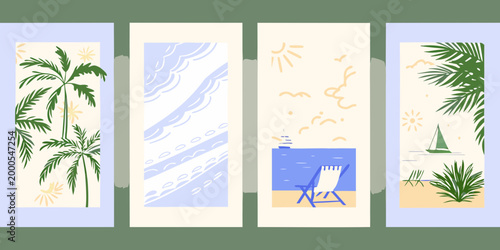 four minimalist summer themed cards with palm trees waves beach chair and sailboat high quality
