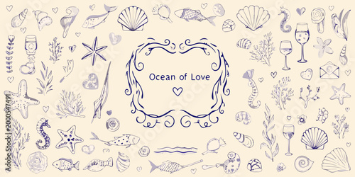 ocean of love themed marine fantasy illustration with shells fish hearts and decorative frame
