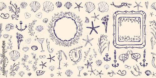 marine fantasy pattern with shells starfish and anchors on beige background high quality professional detailed