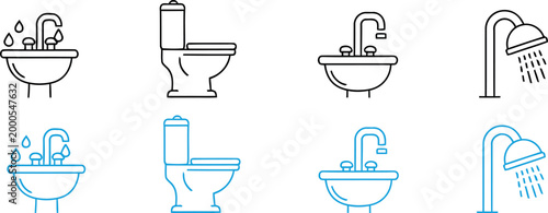 Bathroom fixture icons toilet faucet line art for modern design