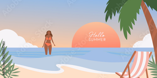 woman walking into ocean at sunset with beach chair and palm tree high quality professional