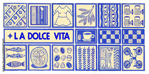 illustration of italian culture symbols with blue and beige colors high quality professional detailed modern