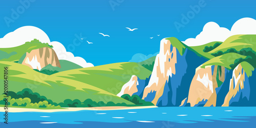 Canvas Print vector illustration of tropical landscape with mountains and sea high quality pr