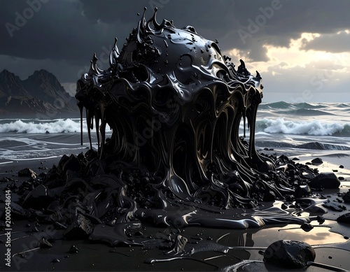 Viscous Black Oil Formation on Stormy Beach Shore.