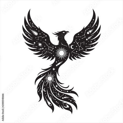 Majestic phoenix rising a celestial bird of fire and rebirth in black ink