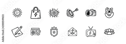 Minimalist hand drawn media icons set including play button shopping bag eye target camera happy character writing pencil radio shield envelope television and people silhouette symbols collection