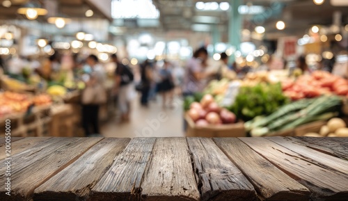 A blurred market scene is presented with a wooden tabletop in the foreground.