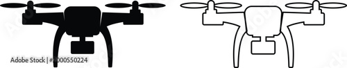 Drone quadcopter icon set collection group, UAV drone, aerial robot, quadcopter aircraft icons in black flat and line style vector, flying camera technology symbol pack for delivery surveillance