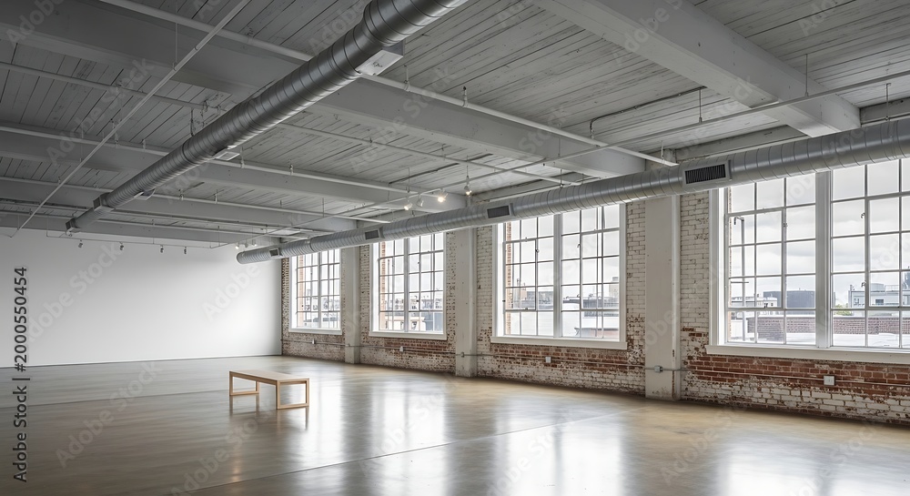 Obraz premium Spacious industrial loft with large windows and exposed brick walls, perfect for events, studios, or creative workspaces