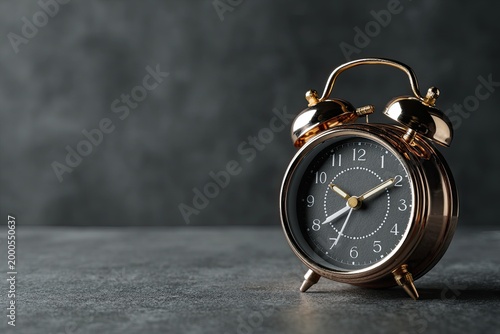 A classic golden alarm clock rests on a dark gray surface, displaying the time.