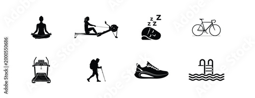 Healthy lifestyle icons set featuring yoga meditation rowing machine sleeping cycle hiking trekking running treadmill and swimming pool activities for fitness wellness and sports health.