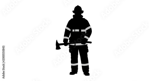 firefighter silhouette holding axe against white background