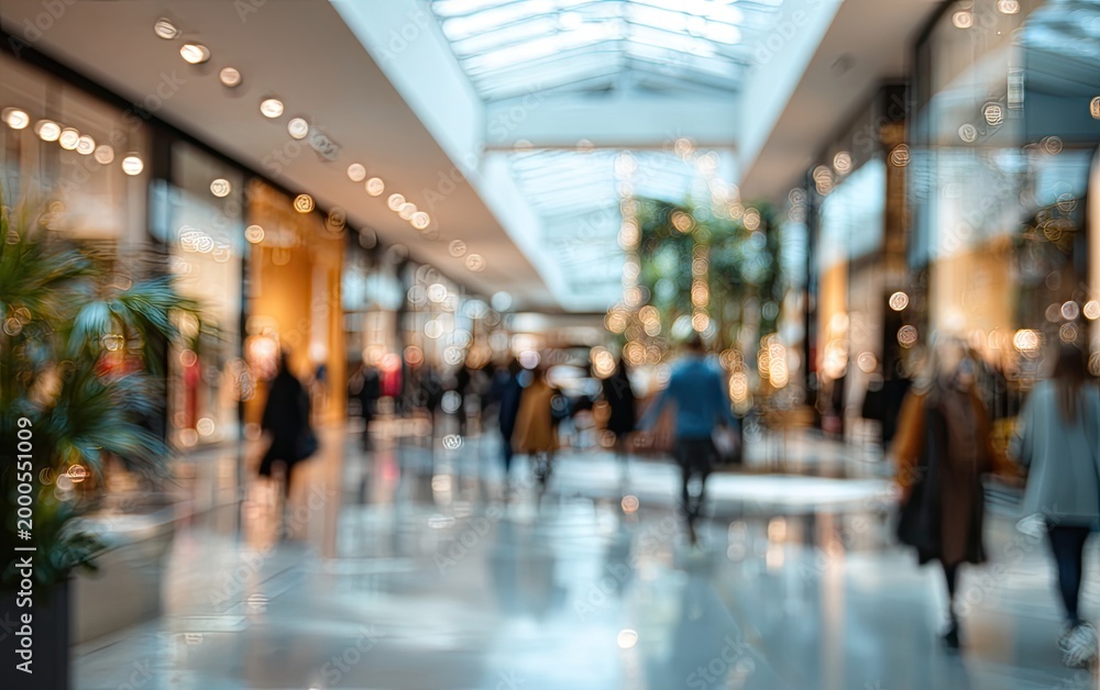 Fototapeta premium A blurred view captures the bustling atmosphere of a modern shopping mall interior.