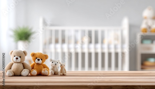 A collection of teddy bears sits on a wooden surface in front of a blurred nursery scene.