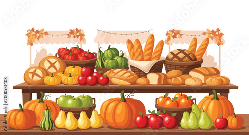 Flat lay of a wooden shelf stacked with an assortment of fresh produce and various types of bread against a clean white background with warm autumnal tones.