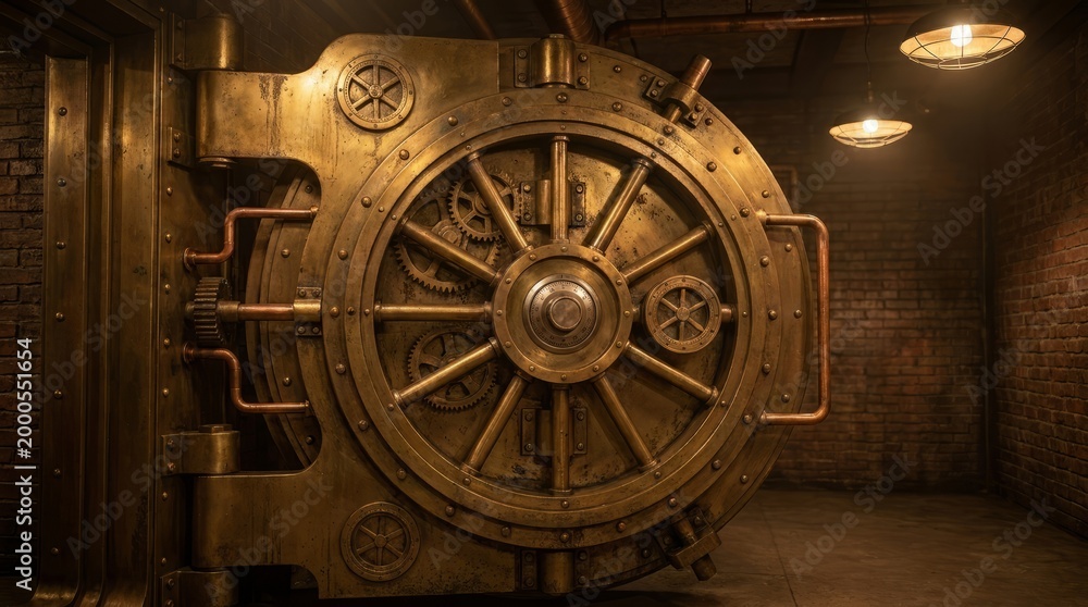 Obraz premium Vintage Bank Vault Door Interior Industrial Strongroom with Heavy Wheel Mechanism.