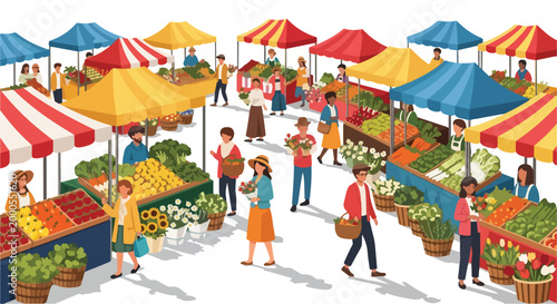 Vibrant outdoor market scene with people shopping and colorful stalls selling fresh produce under striped canopies on a white background.