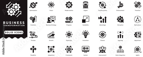 Digital Transformation icon set contains optimization, vision, modernization, digital, evolution, progress, advantage, innovation, strategy, growth, flexibility, agile. Solid icons vector illustration