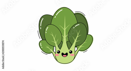 A cartoon broccoli with a cheerful face and rosy cheeks on a plain white background, in a digital illustration style with vibrant green colors.