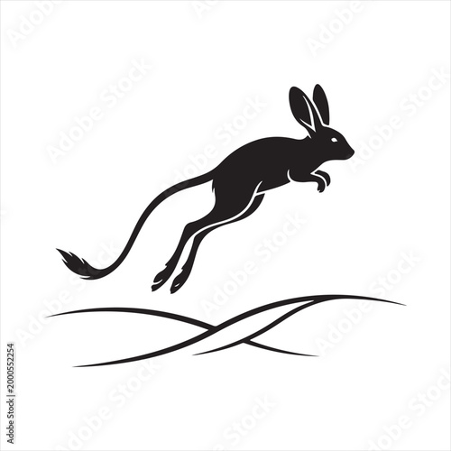 A black silhouette of a jackrabbit leaping across a wavy landscape