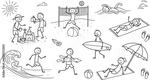 PrintHand drawn stick figure beach scenes collection with surfing volleyball sandcastle swimming sunbathing summer vacation activities in simple doodle vector illustration style