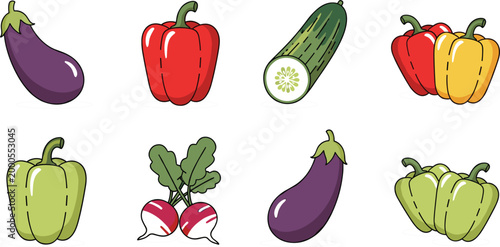 Fresh vegetable set vector illustration with eggplant bell peppers cucumber and radish isolated on white background in clean colorful flat design style