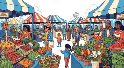 Vibrant outdoor market scene with people shopping for fresh produce under colorful striped tents on a bright sunny day.